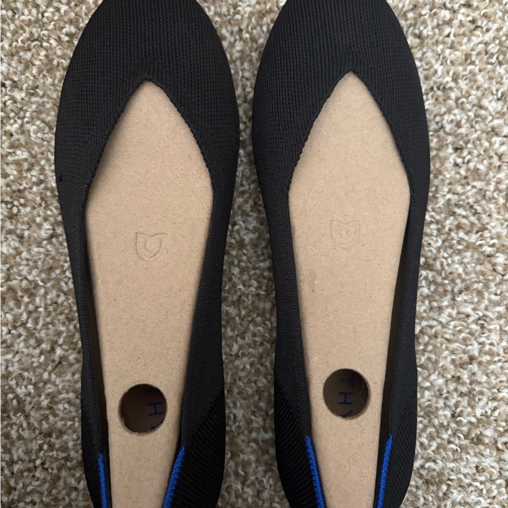 Rothy's The Daily Flat Black Knit Ballet Flats with Blue Heel Trim - Picture 2 of 11